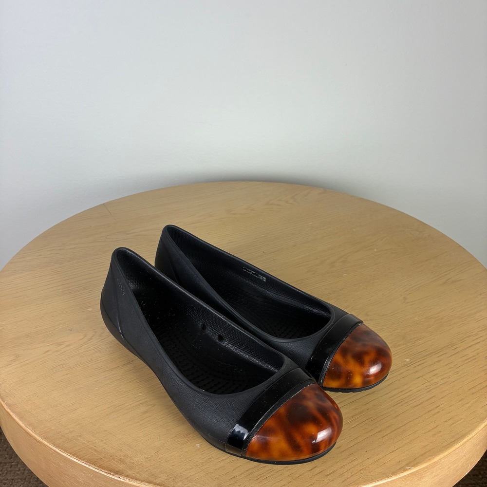 Crocs Ballet Flats Womens 7 Black Tortoise Cap Toe Comfort Shoes Business Casual